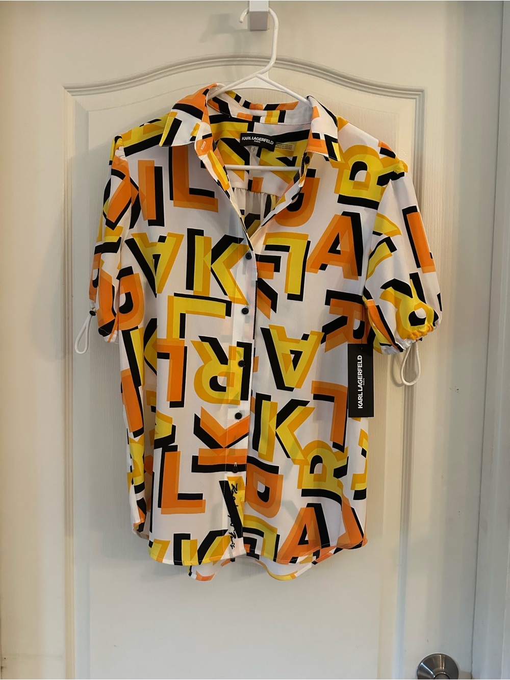 Karl Lagerfeld White Blouse with Yellow Orange & White Geometric Print Small